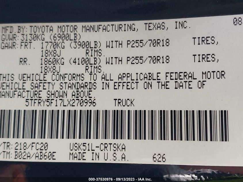 2020 TOYOTA TUNDRA 2WD SR/SR5 - 5TFRY5F17LX270996