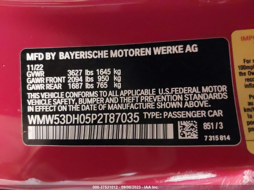 VIN WMW53DH05P2T87035 MINI Hardtop 2 Door COOPER S 2023 9