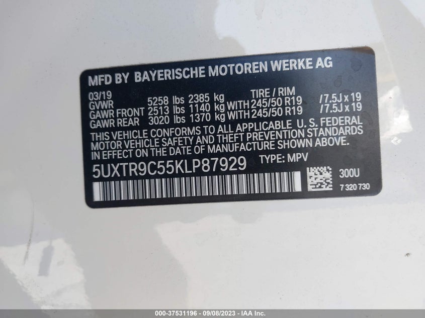 VIN 5UXTR9C55KLP87929 2019 BMW X3 XDRIVE30I