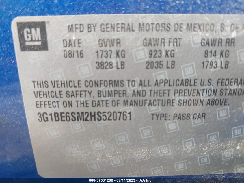2017 CHEVROLET CRUZE LT - 3G1BE6SM2HS520761