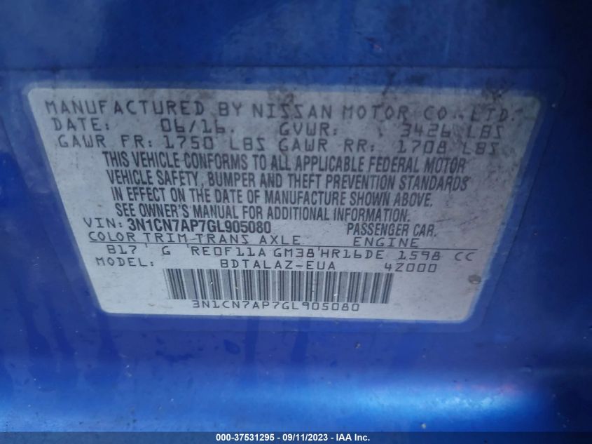 2016 NISSAN VERSA S/S PLUS/SV/SL - 3N1CN7AP7GL905080
