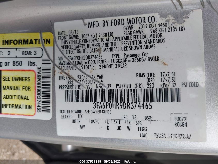 2013 FORD FUSION SE - 3FA6P0HR9DR374465