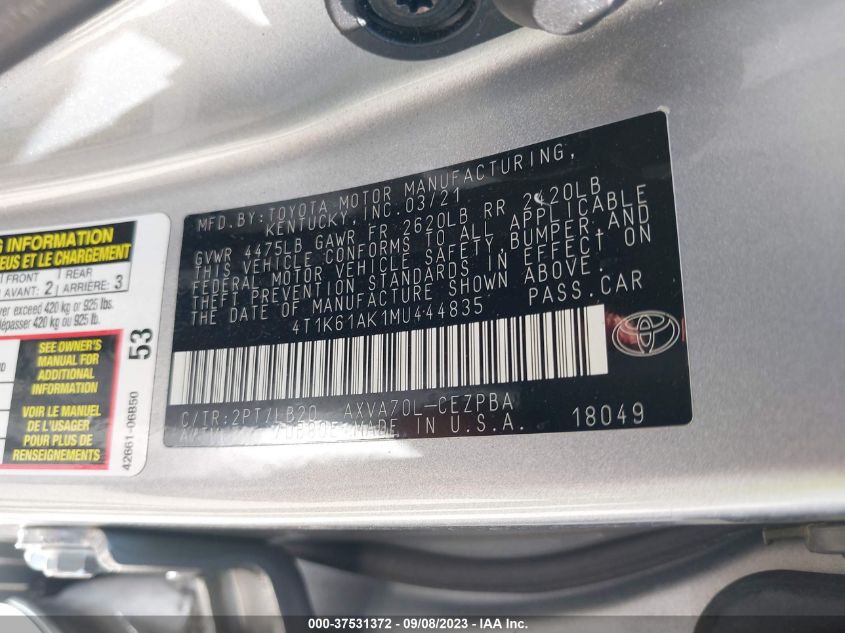 2021 TOYOTA CAMRY XSE - 4T1K61AK1MU444835