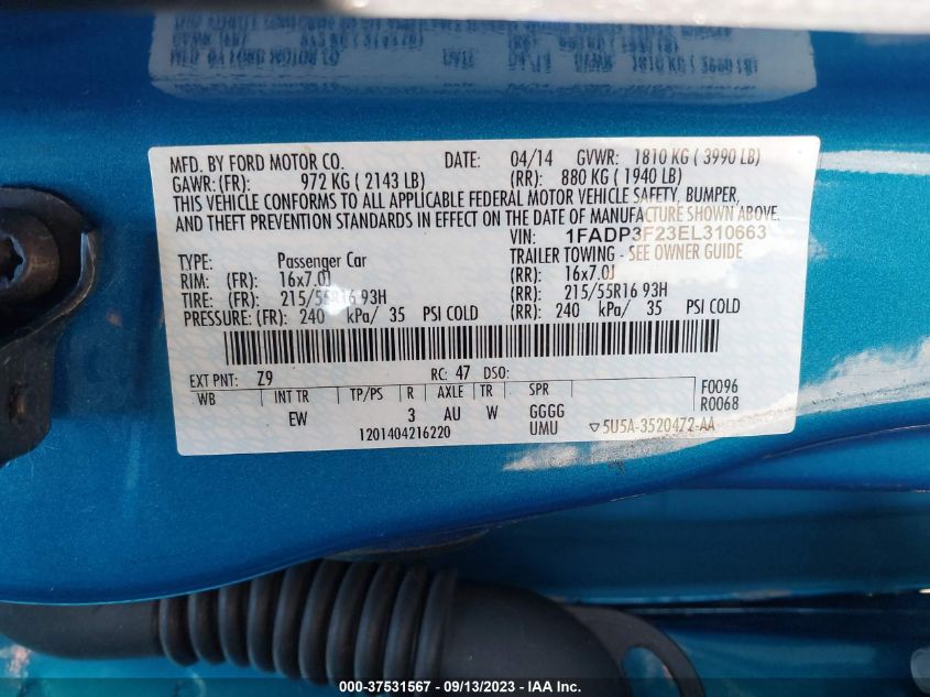 2014 FORD FOCUS SE - 1FADP3F23EL310663