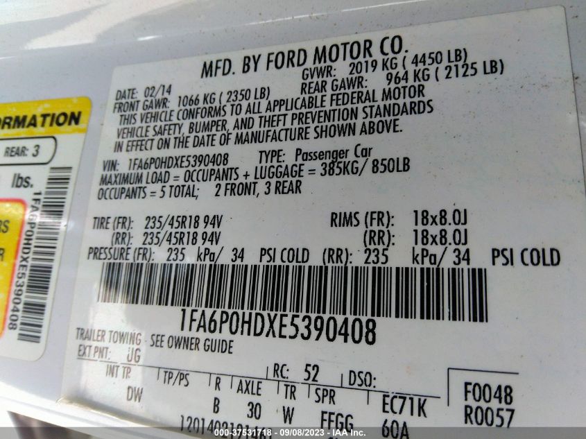 2014 FORD FUSION SE - 1FA6P0HDXE5390408