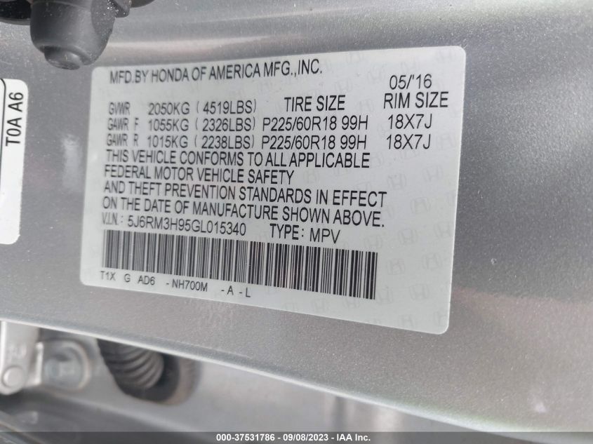 2016 HONDA CR-V TOURING - 5J6RM3H95GL015340