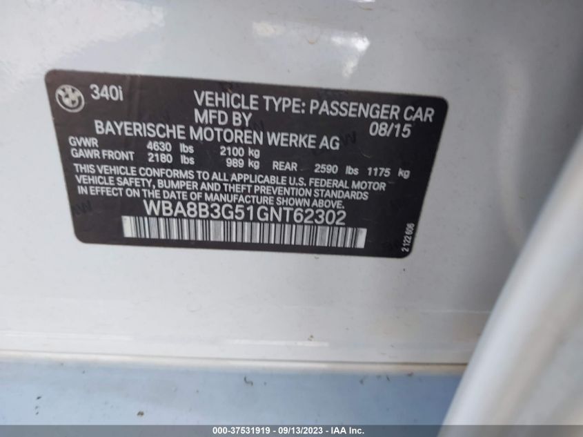 2016 BMW 3 SERIES 340I - WBA8B3G51GNT62302