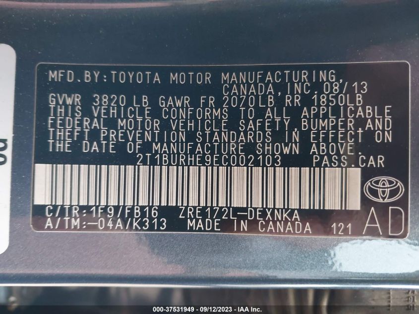 2014 TOYOTA COROLLA L/LE/S/S PLUS/LE PLUS - 2T1BURHE9EC002103