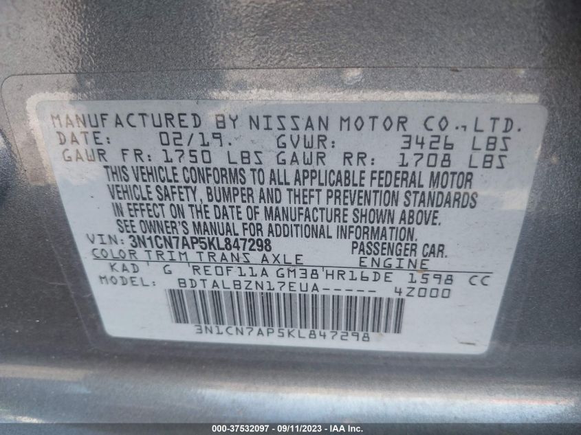 2019 NISSAN VERSA SEDAN SV 3N1CN7AP5KL847298