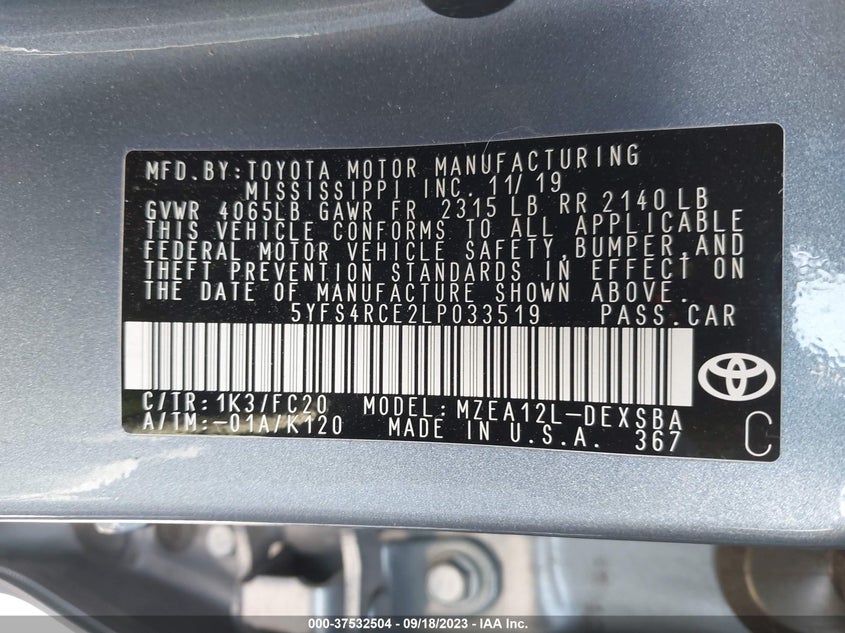 VIN 5YFS4RCE2LP033519 2020 TOYOTA COROLLA SE/NIGHTSHADE