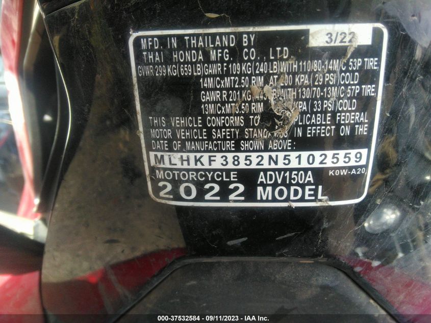 2022 HONDA ADV150 A MLHKF3852N5102559