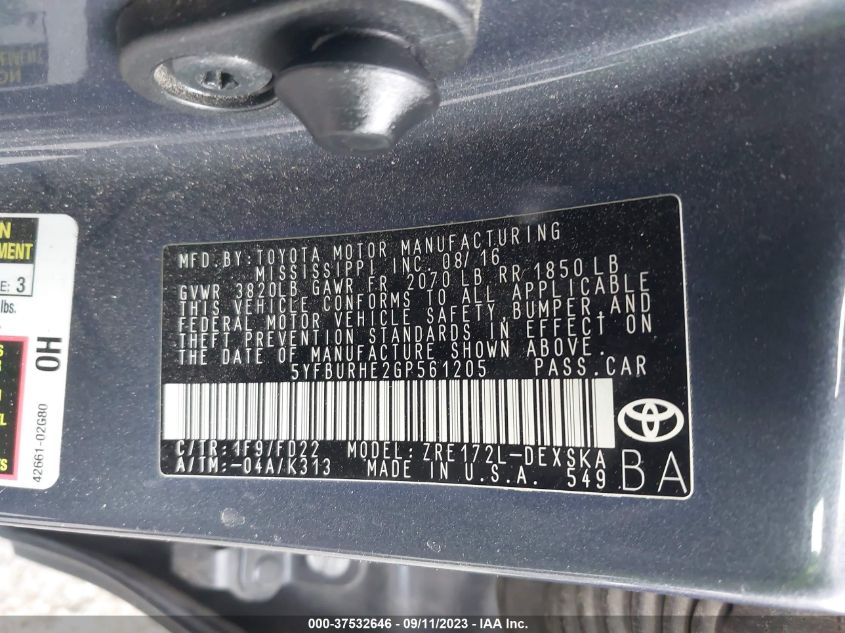 2016 TOYOTA COROLLA L/LE/LE PLS/PRM/S/S PLS - 5YFBURHE2GP561205