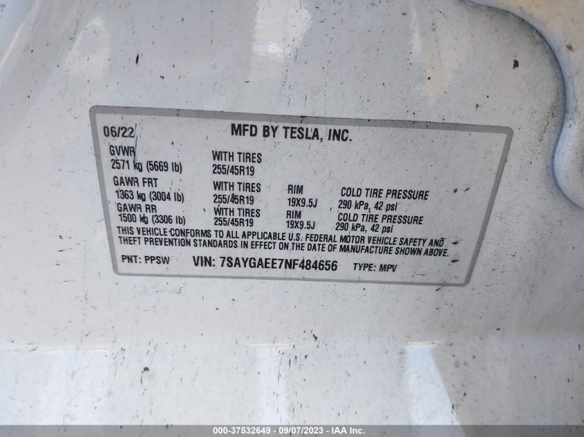 2022 TESLA MODEL Y LONG RANGE - 7SAYGAEE7NF484656