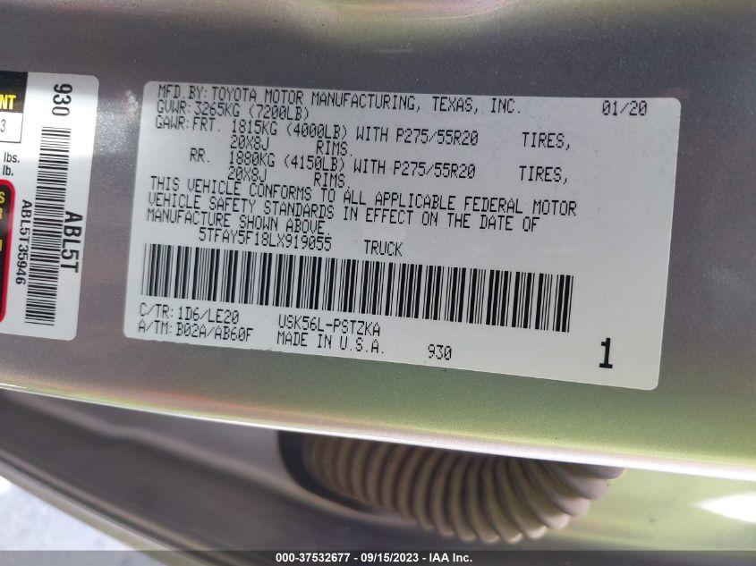2020 TOYOTA TUNDRA PLATINUM - 5TFAY5F18LX919055