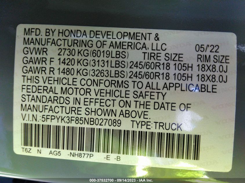 2022 HONDA RIDGELINE BLACK EDITION - 5FPYK3F85NB027089