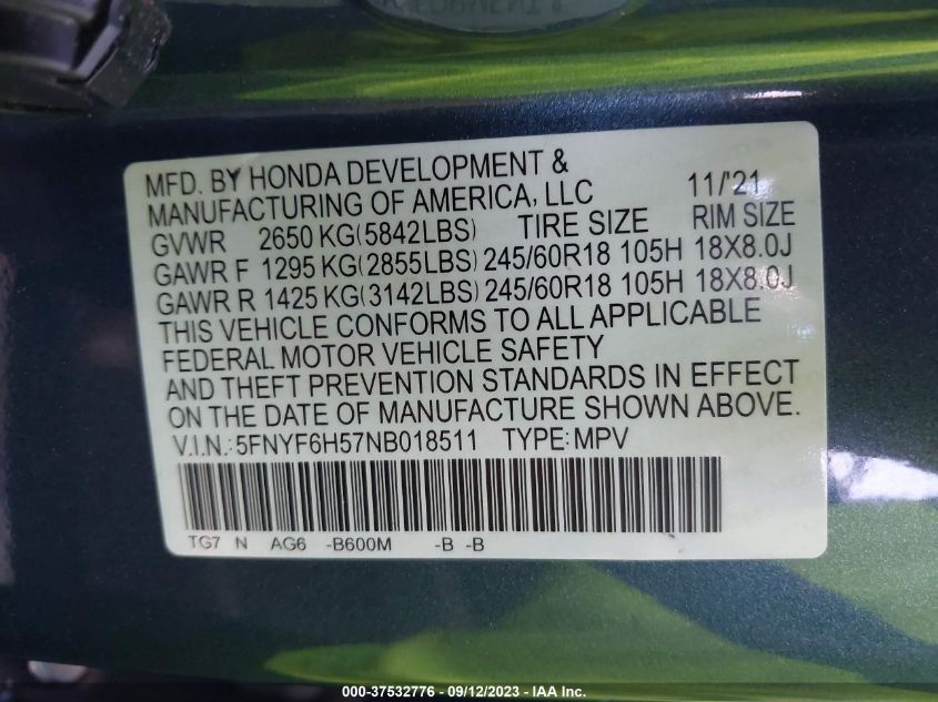 2022 HONDA PILOT EXL - 5FNYF6H57NB018511