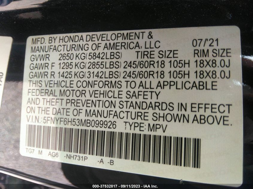 2021 HONDA PILOT EX-L - 5FNYF6H53MB099926