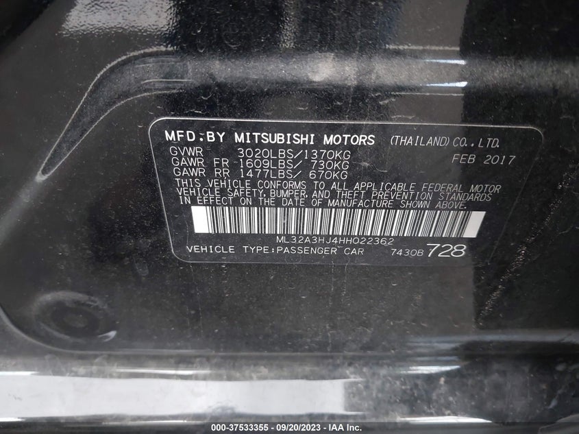 VIN ML32A3HJ4HH022362 2017 MITSUBISHI MIRAGE ES