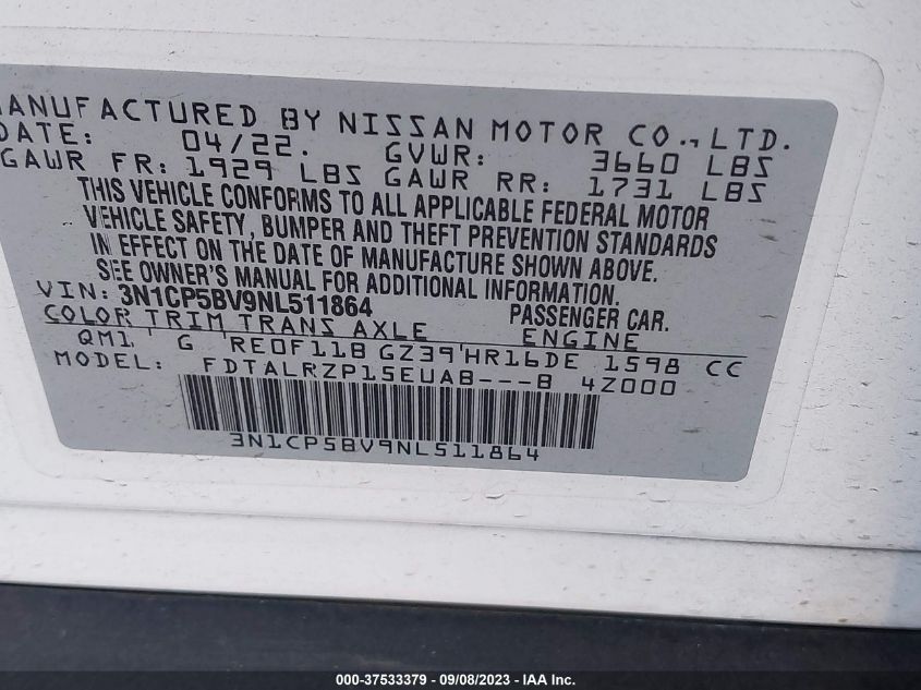 2022 NISSAN KICKS S - 3N1CP5BV5NL521873