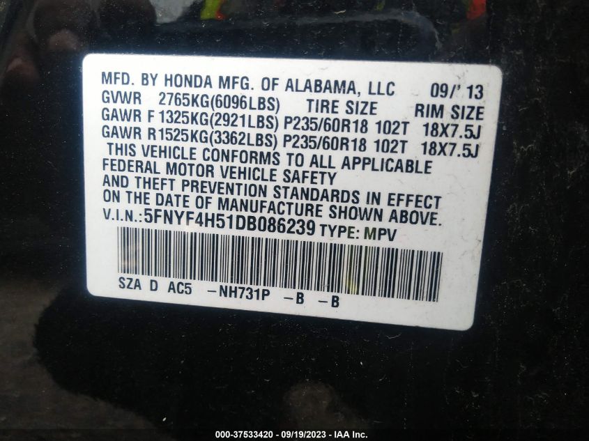 2013 HONDA PILOT EXL - 5FNYF4H51DB086239