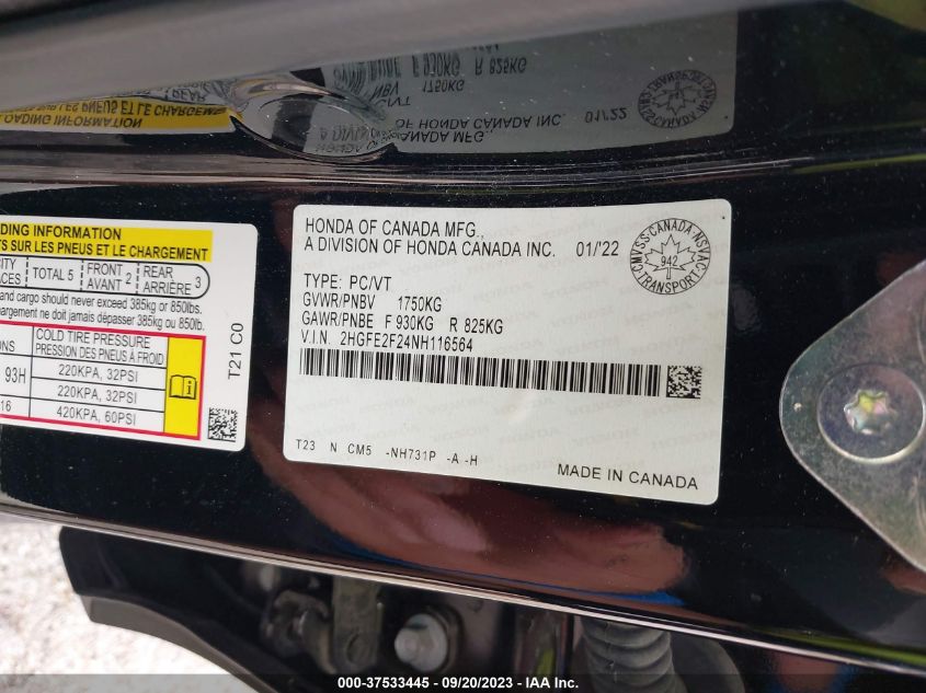 2022 HONDA CIVIC SEDAN LX - 2HGFE2F24NH116564