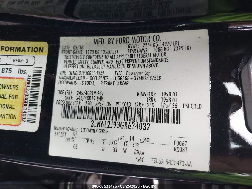 2016 LINCOLN MKZ - 3LN6L2J93GR634032