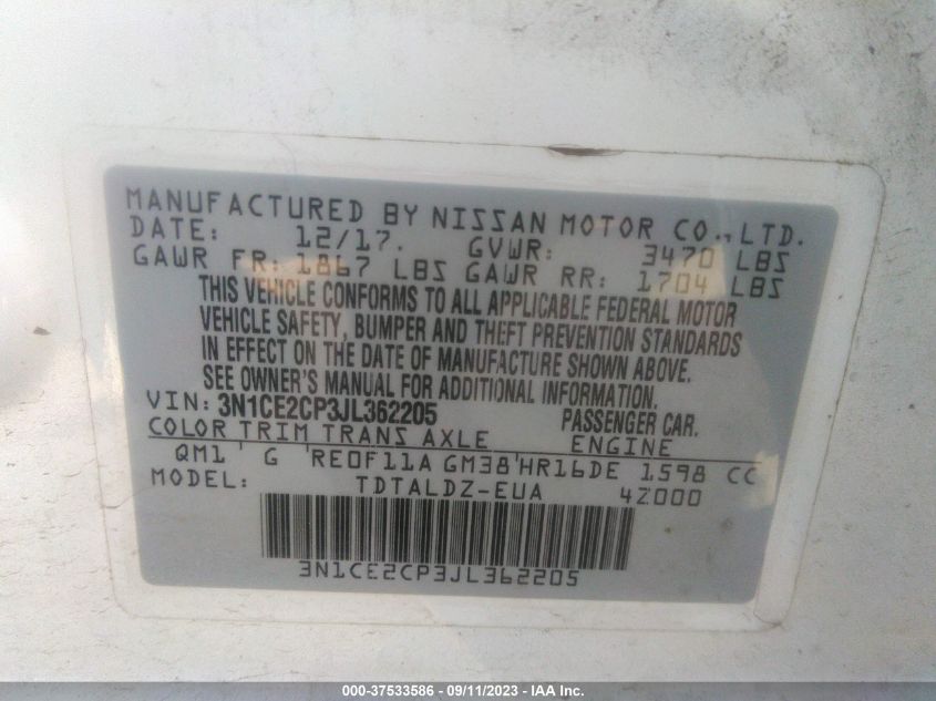 2018 NISSAN VERSA NOTE S/SR/SV - 3N1CE2CP3JL362205