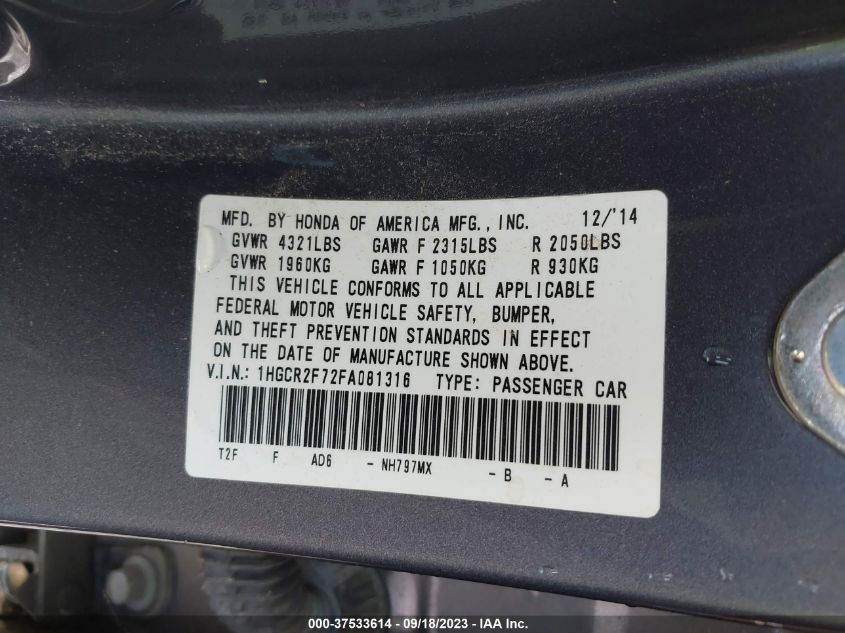 2015 HONDA ACCORD SEDAN EX - 1HGCR2F72FA081316