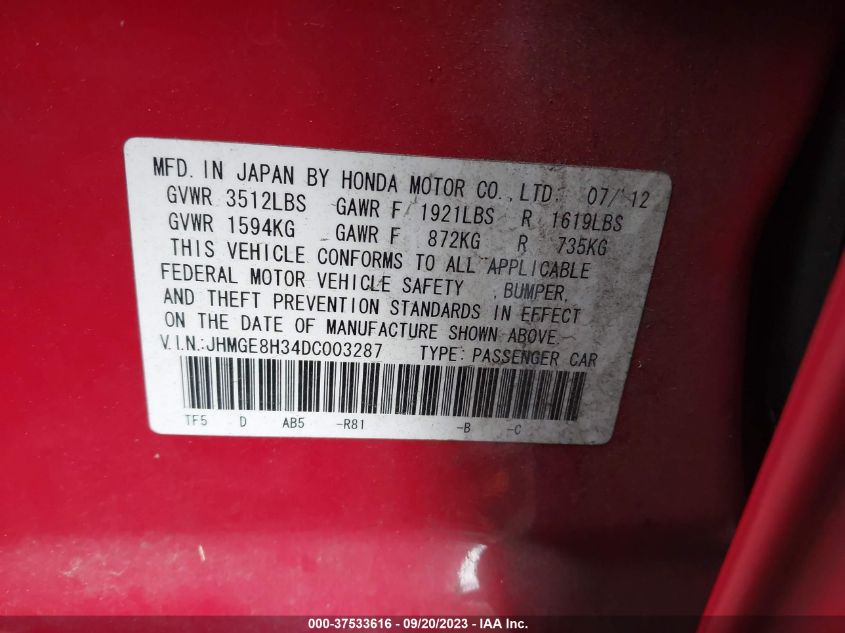 2013 HONDA FIT - JHMGE8H34DC003287