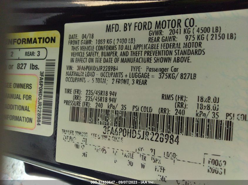 2018 FORD FUSION SE - 3FA6P0HD5JR228984