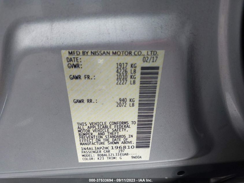 2017 NISSAN ALTIMA 2.5 SV - 1N4AL3AP2HC196810