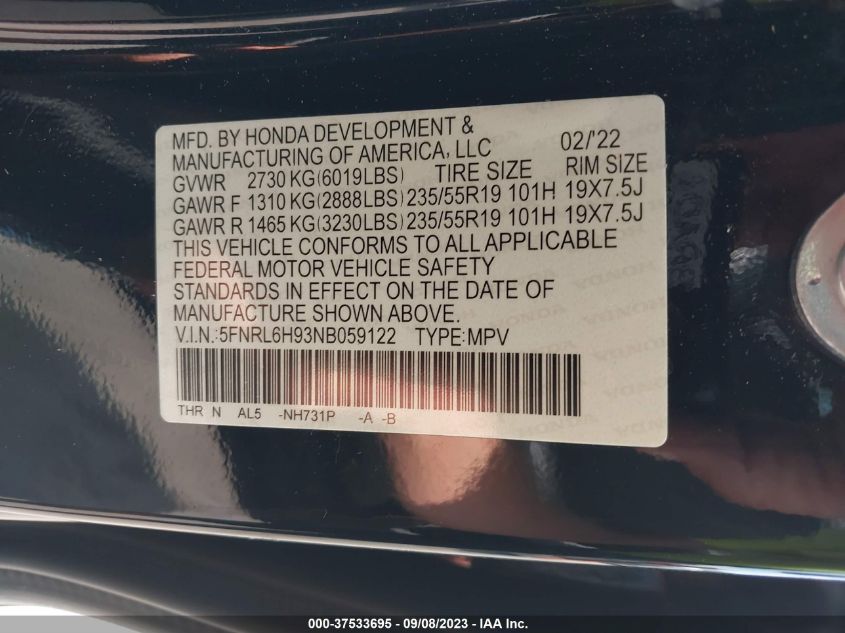 2022 HONDA ODYSSEY ELITE - 5FNRL6H93NB059122