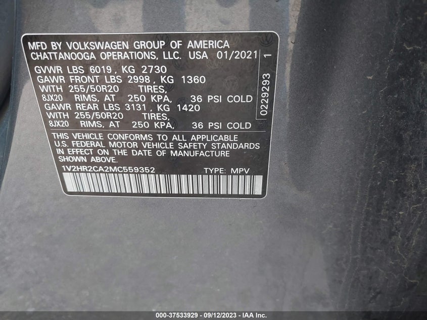 2021 VOLKSWAGEN ATLAS 3.6L V6 FI DOHC 24V (VIN: 1V2HR2CA2MC559352