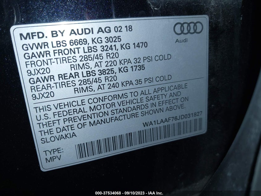 VIN WA1LAAF76JD031827 2018 AUDI Q7 PREMIUM PLUS