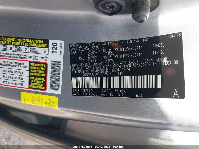 2016 TOYOTA SIENNA XLE/XLE AAS/LTD - 5TDYK3DC8GS738512