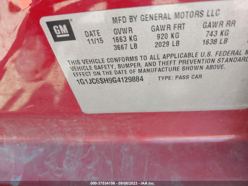 2016 CHEVROLET SONIC LT - 1G1JC6SH9G4129884