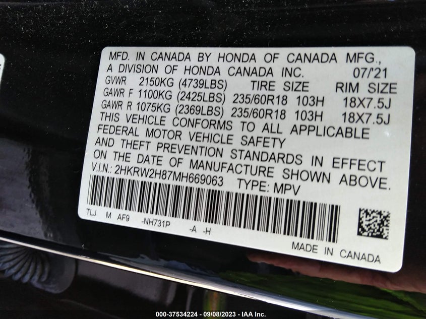 VIN 2HKRW2H87MH669063 2021 HONDA CR-V EXL