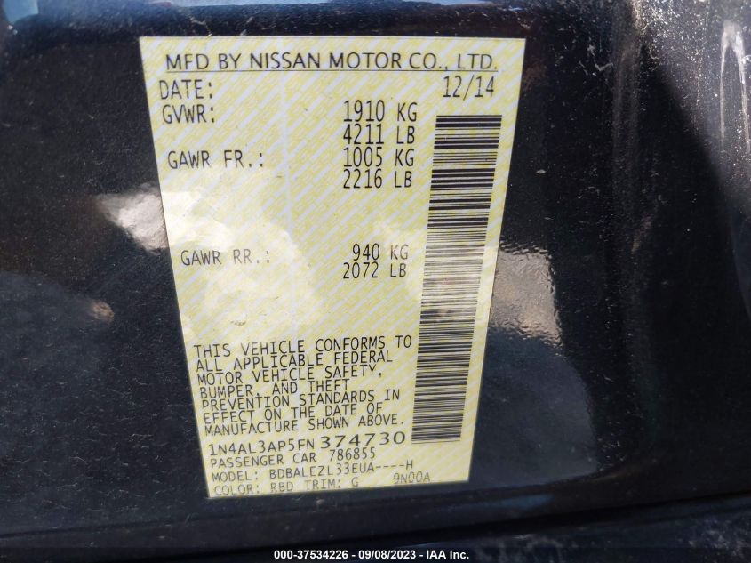 2015 NISSAN ALTIMA 2.5/S/SV/SL - 1N4AL3AP5FN374730