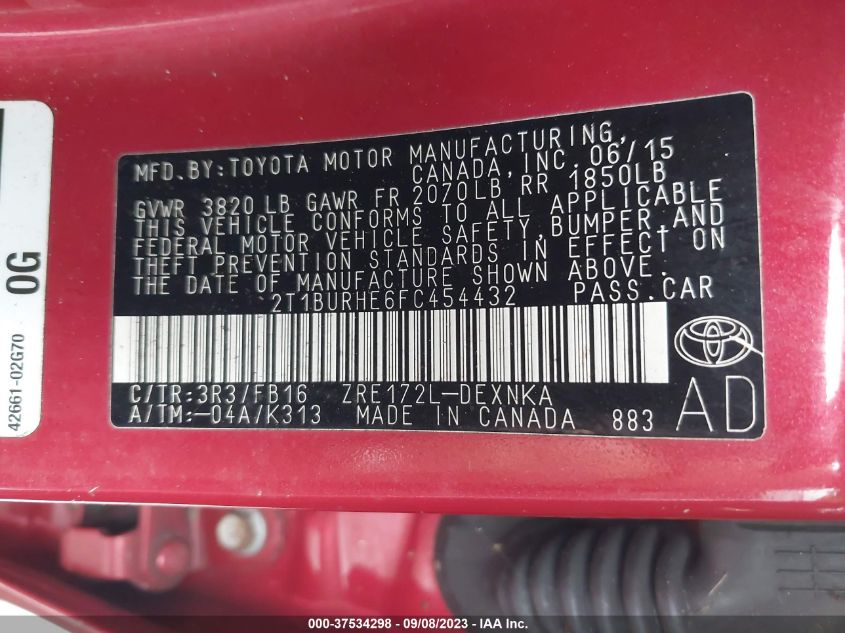2015 TOYOTA COROLLA L/LE/LE PLS/PRM/S/S PLS - 2T1BURHE6FC454432