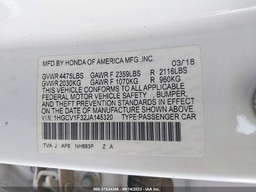 2018 HONDA ACCORD SPORT - 1HGCV1F32JA145320