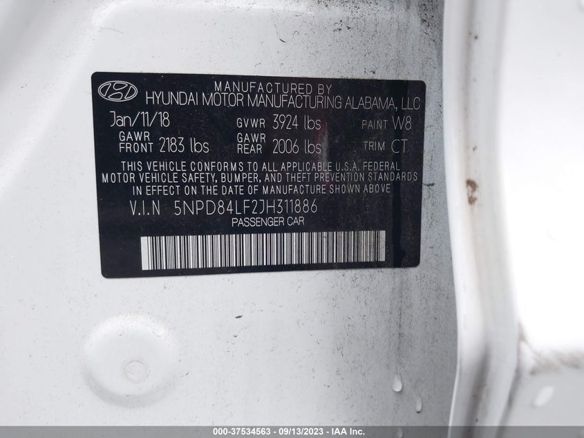 VIN 5NPD84LF2JH311886 2018 HYUNDAI ELANTRA SEL/VALUE/LIMITED