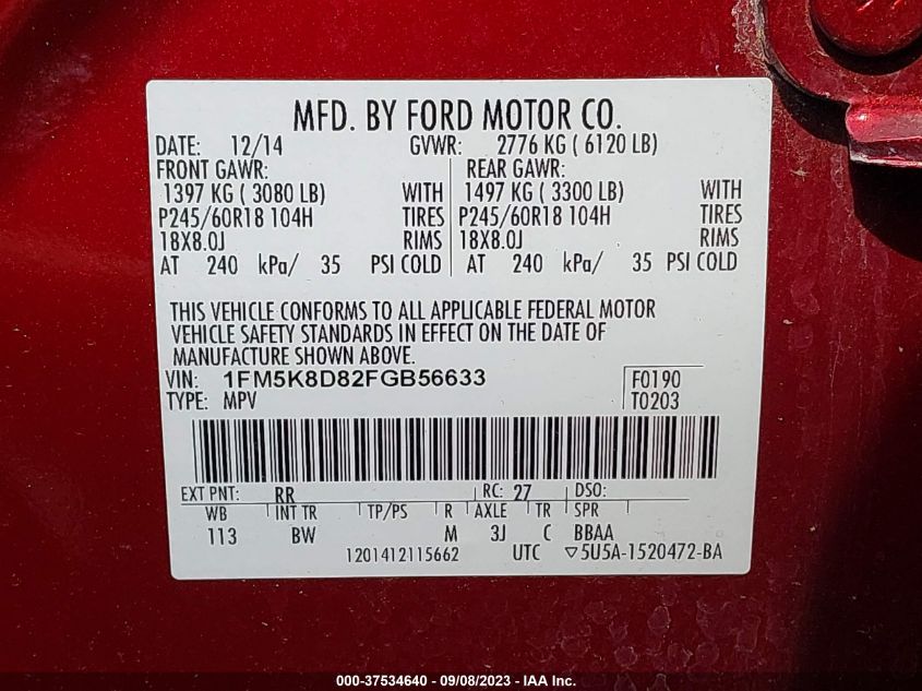 2015 FORD EXPLORER XLT - 1FM5K8D82FGB56633