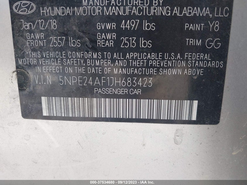 VIN 5NPE24AF1JH683423 2018 HYUNDAI SONATA SE