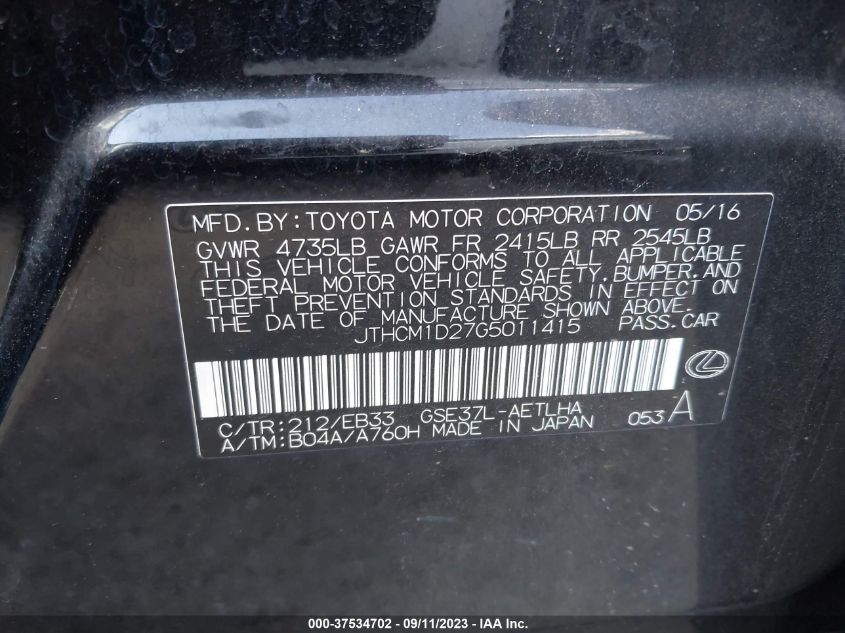 2016 LEXUS IS 300 - JTHCM1D27G5011415