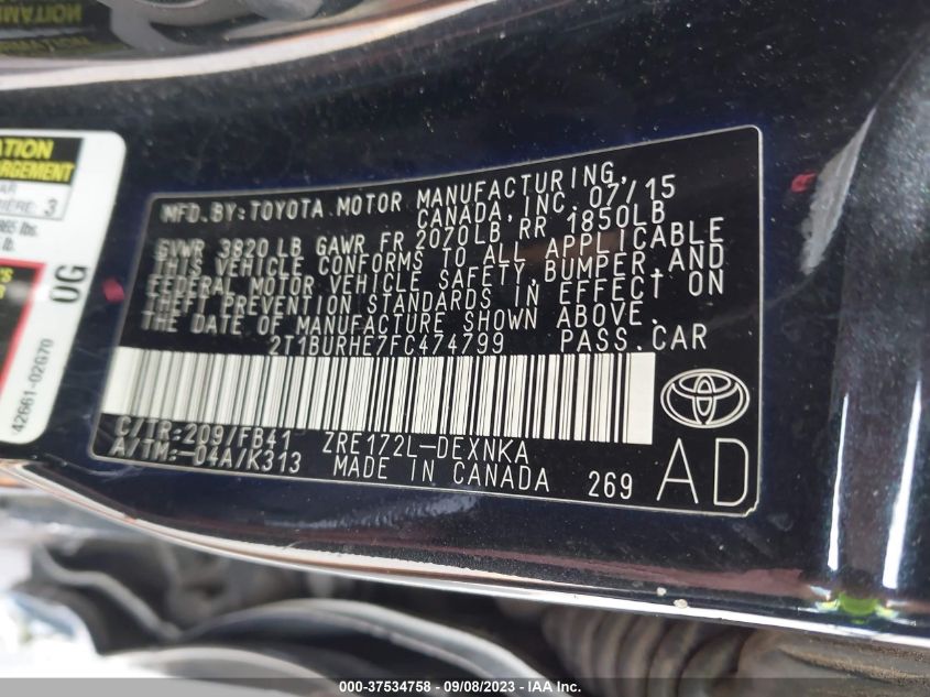 2015 TOYOTA COROLLA L/LE/S/S PLUS/LE PLUS - 2T1BURHE7FC474799