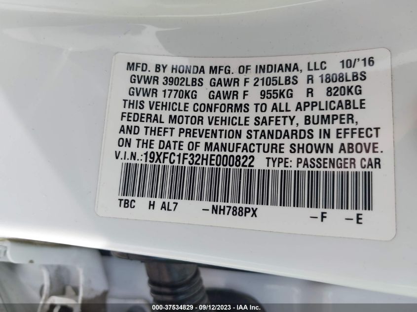 2017 HONDA CIVIC SEDAN EX-T - 19XFC1F32HE000822