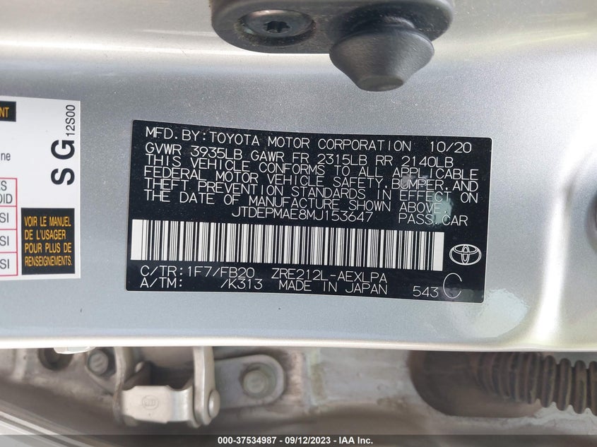 VIN JTDEPMAE8MJ153647 2021 TOYOTA COROLLA LE