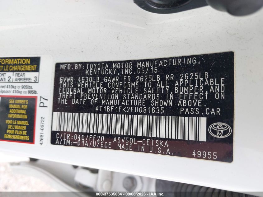 2015 TOYOTA CAMRY LE/XLE/SE/XSE - 4T1BF1FK2FU081635