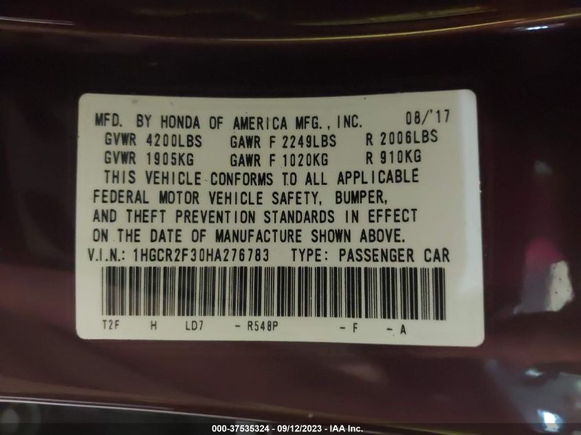 2017 HONDA ACCORD SEDAN LX - 1HGCR2F30HA276783