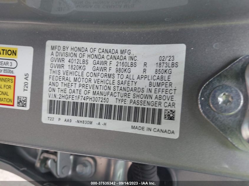 2HGFE1F74PH307250 Honda Civic Sedan EX 9